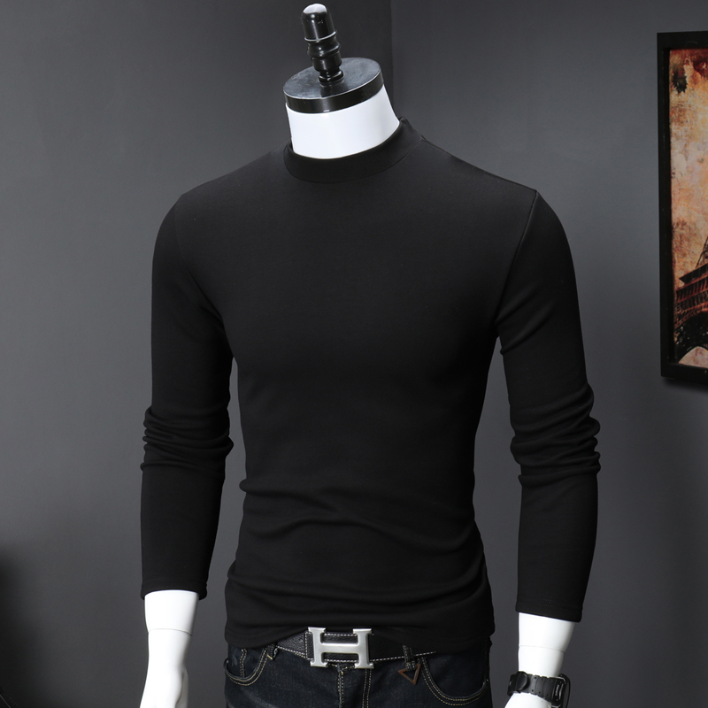 3cm小高领打底衫男秋季修内搭纯棉半高中领长袖t恤黑色小领口卫衣