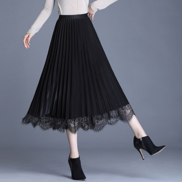 Black pleated skirt autumn and winter female high waist skirts and long sections on both sides of double-sided wear net veil lace skirt a word Black pleated skirt autumn and winter female high waist skirts and long sections on both sides of double-sided wear net veil lace skirt a word