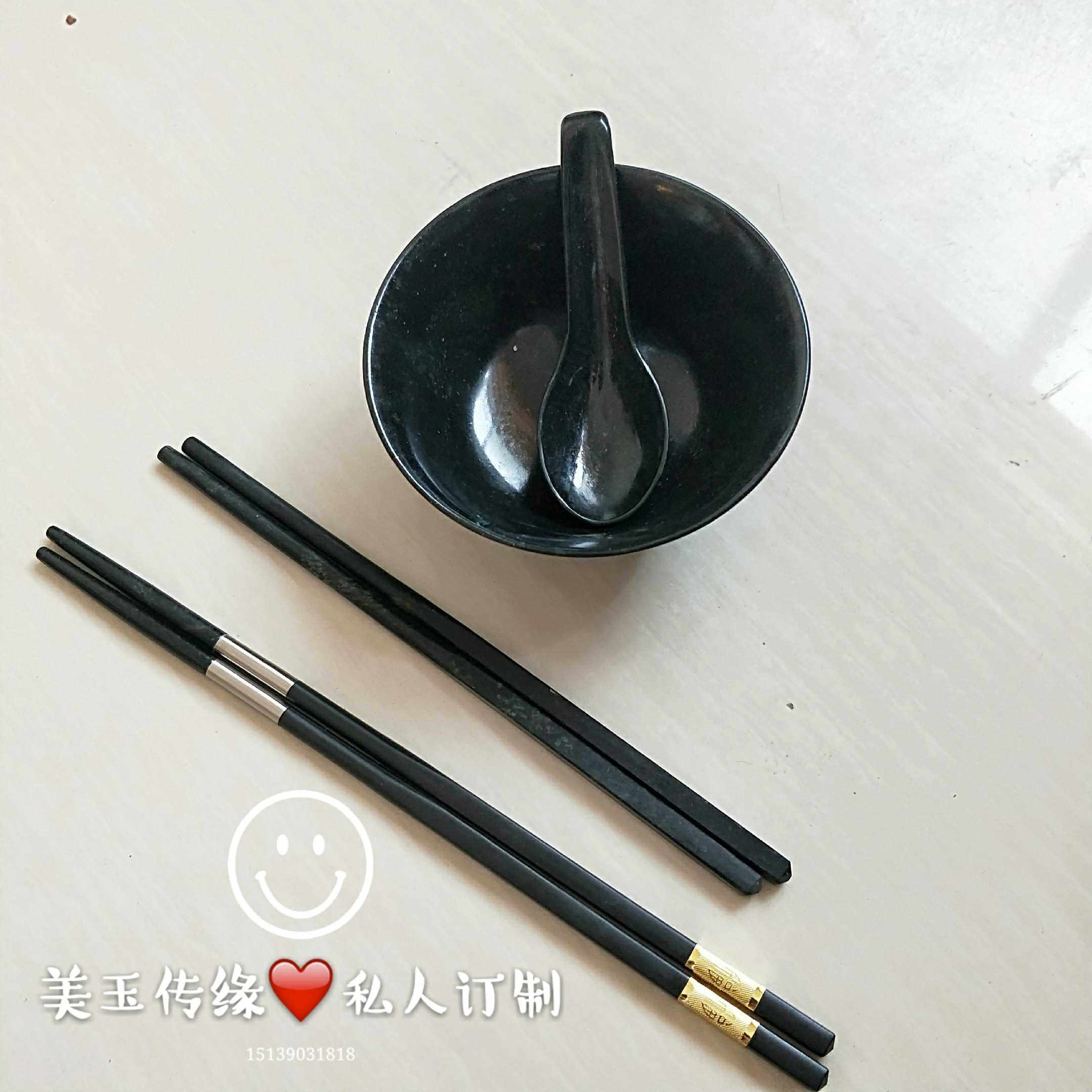 新疆活性墨玉药石碗筷筷子勺子汤匙绿玉玉石摆件