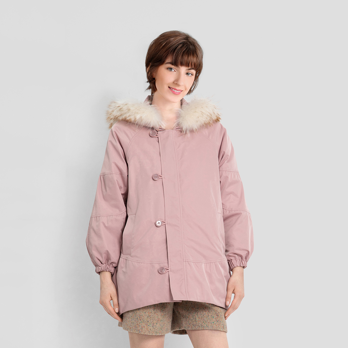 lily新款女装温柔干枯玫瑰宽松纽扣中长毛领羽绒服