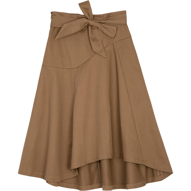 lily2020新款女装洋气棕色不对称弧形设计高腰绑带半身裙