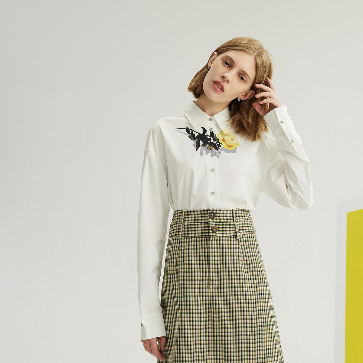 商场同款lily新款女装复古浪漫艺术感撞色玫瑰衬衫