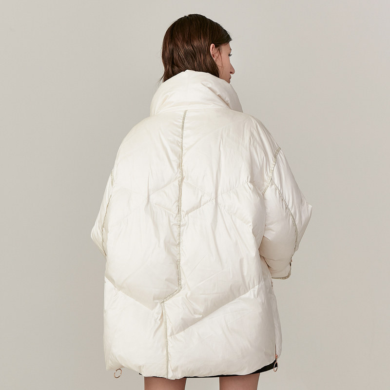 lily新款帅气立领拼接菱形宽松中长款白鸭绒羽绒服