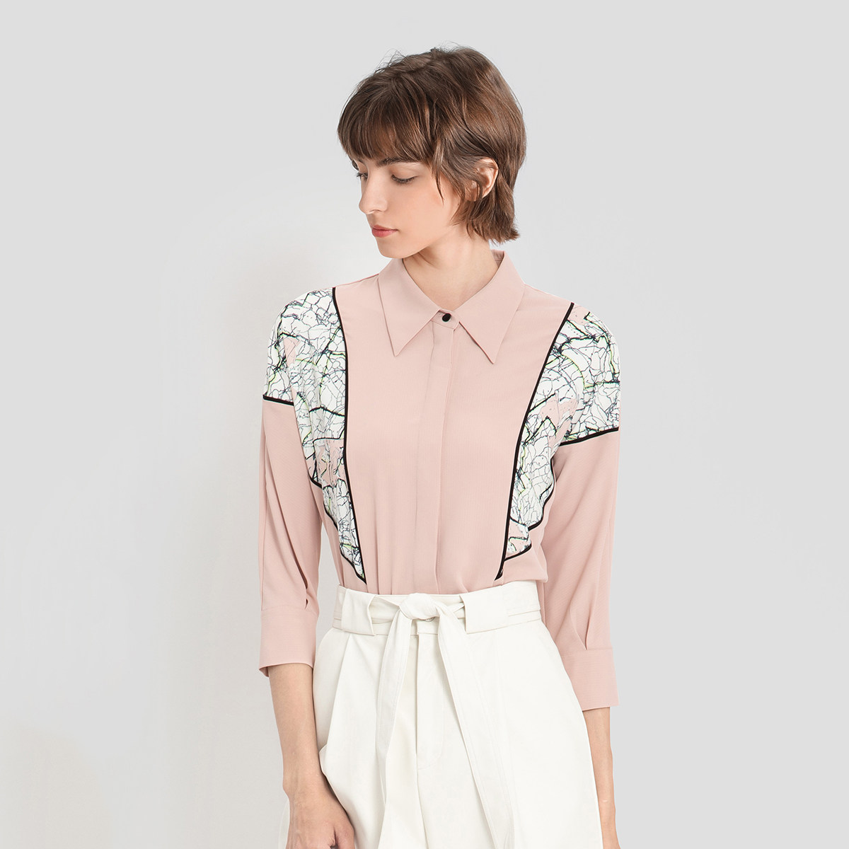 lily2020衬衫印花七分气质蝙蝠宽松垂感舒适女装衬衫