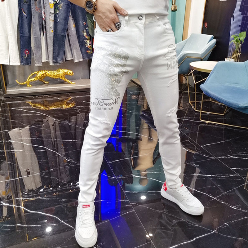 2022夏季欧洲站白色牛仔裤男潮牌修身小脚网红烫钻破洞 小脚裤子