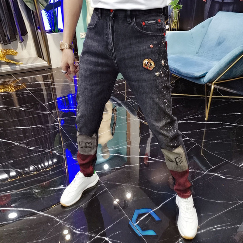 2021秋季欧洲站潮牌牛仔裤男士长裤烫钻印花皇冠潮流修身小脚男裤