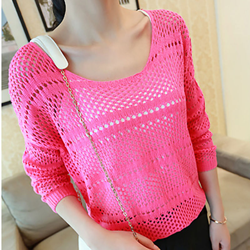 针织衫2020年春季套头上衣女薄款镂空罩衫渔网长袖毛针织衫