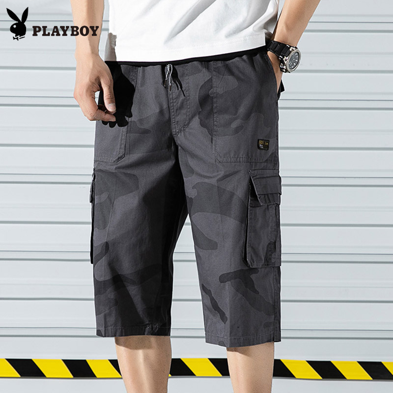 花花公子夏季纯棉短裤男士迷彩五分裤潮流工装裤子宽松七分裤中裤