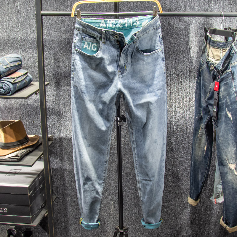 三古木棉 浅色牛仔裤男夏季薄款修身小脚裤子男韩版潮流百搭长裤