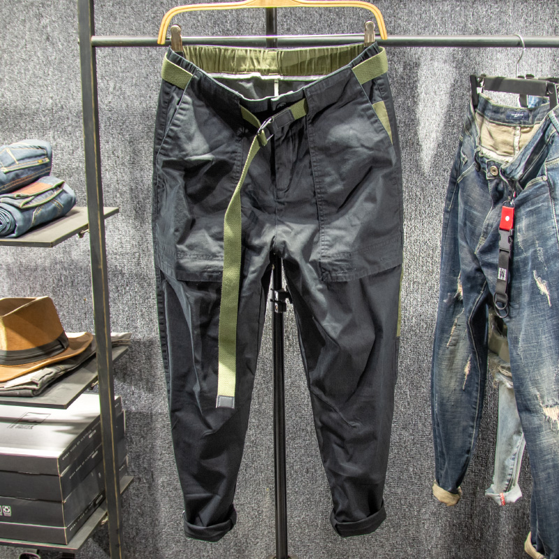 三古木棉夏季薄款撞色9分休闲工装裤男宽松小脚九分裤男潮流百搭