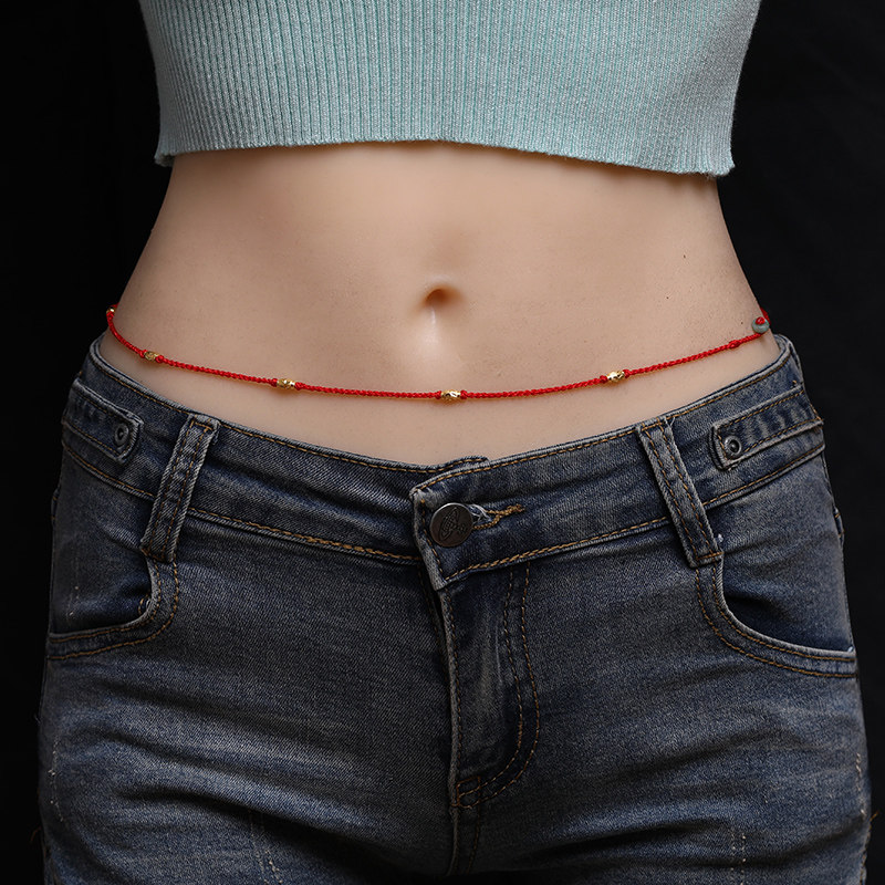 999足金转运珠红绳腰链女黄金路路通红腰绳本命年腰带男可调节