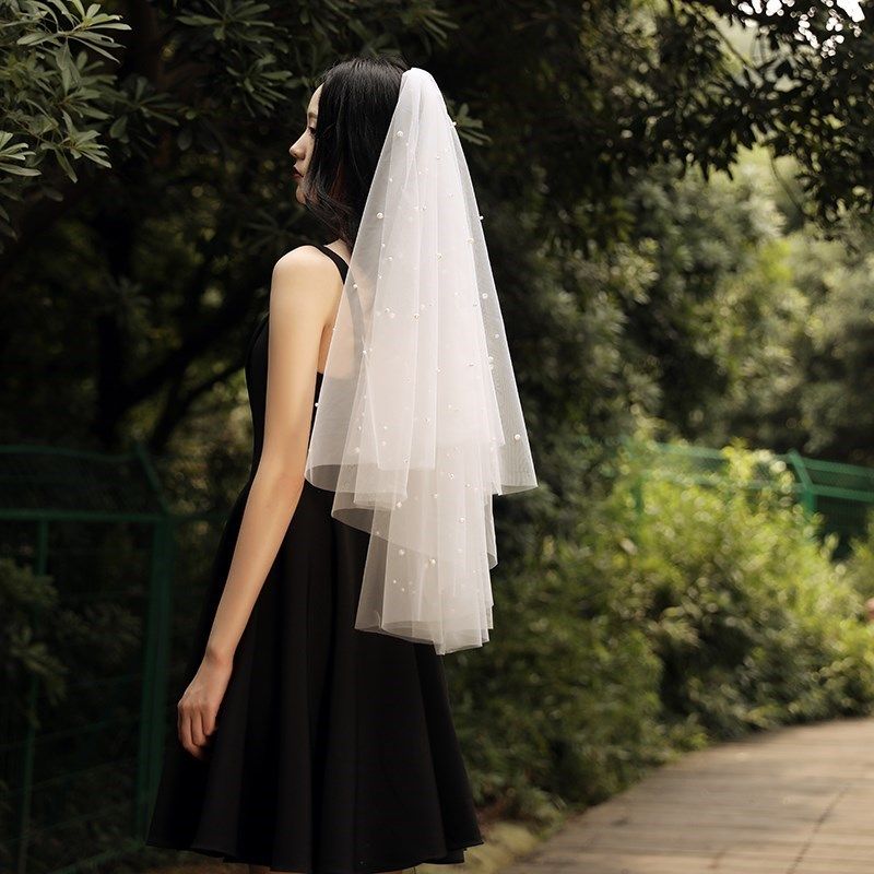 头纱短发场合披纱新娘手工工头冠可遮面拖尾头纱