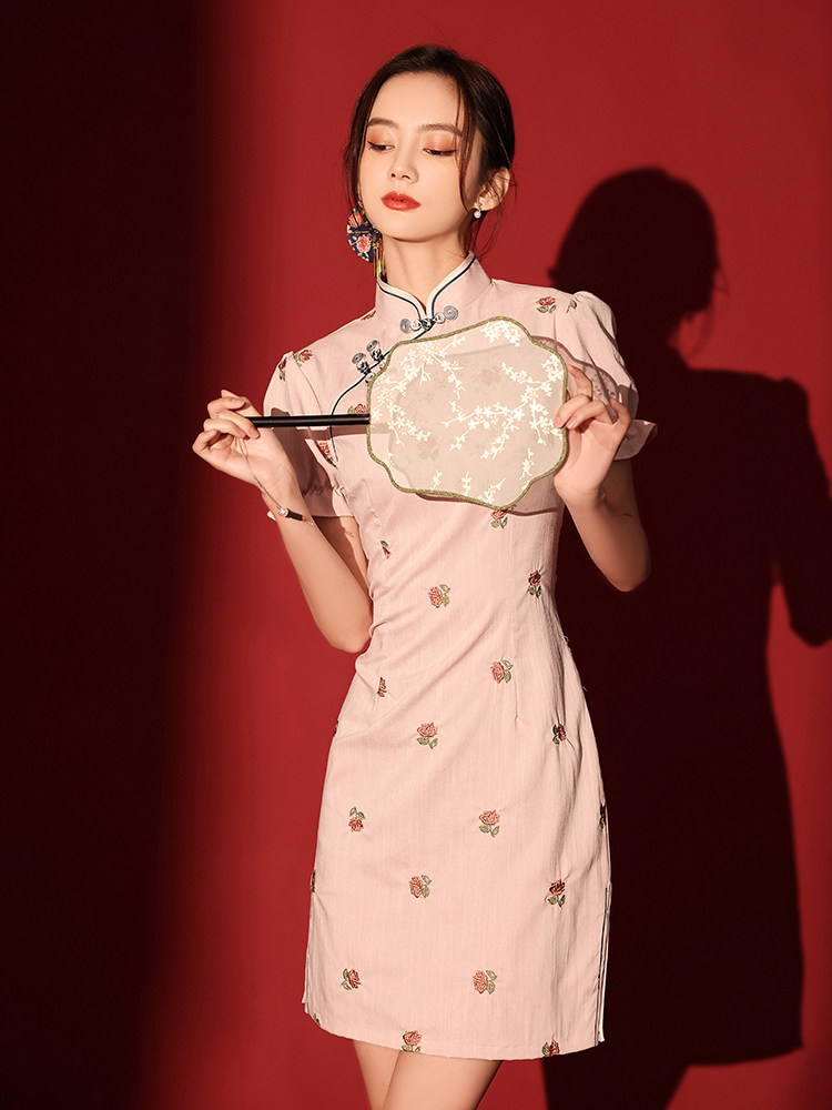 粉色旗袍年轻2021年新款少女改良甜美夏季小个子旗袍