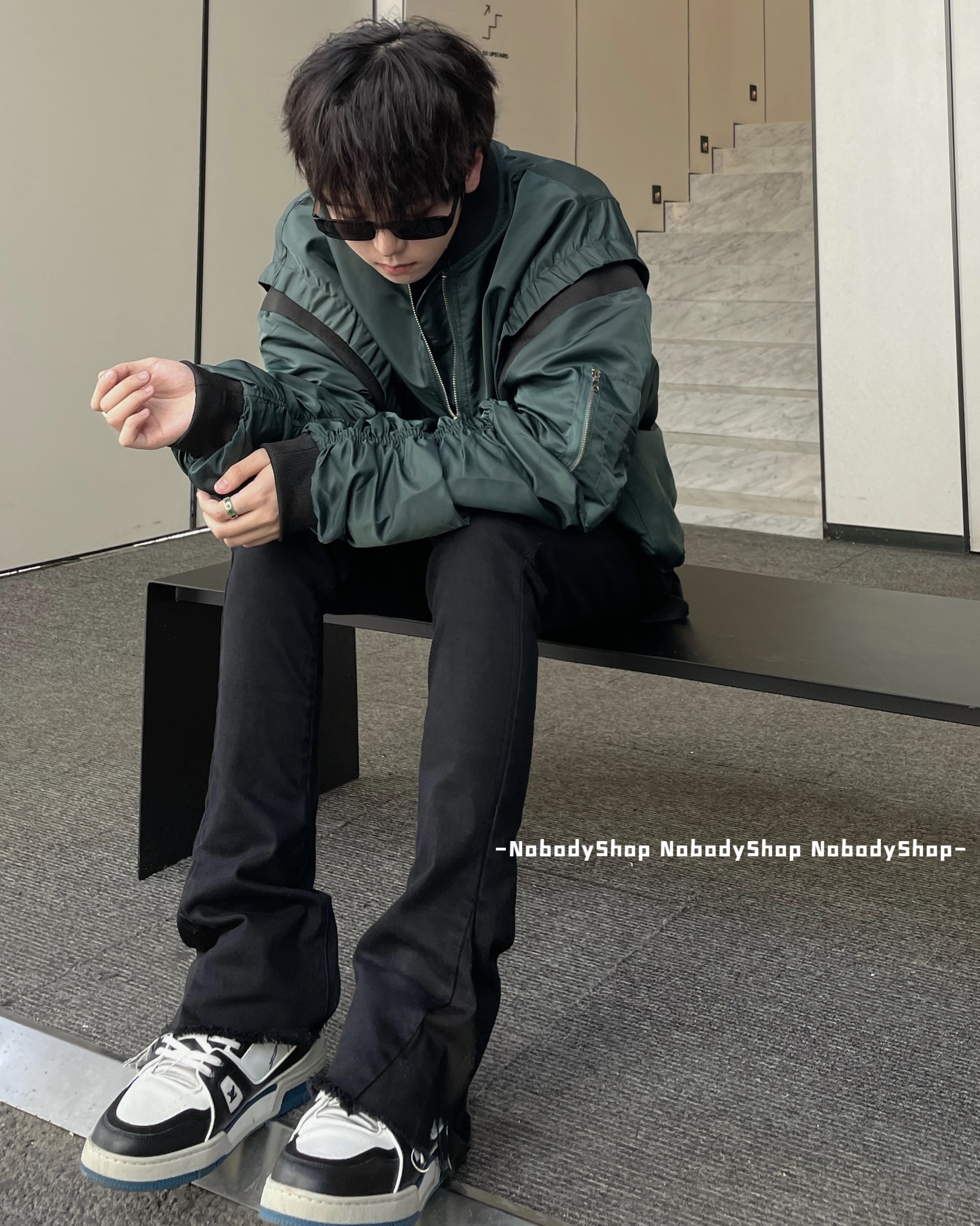 NobodyShop高街做旧水洗拼接破坏蜡面休闲微喇叭复古优质牛仔长裤