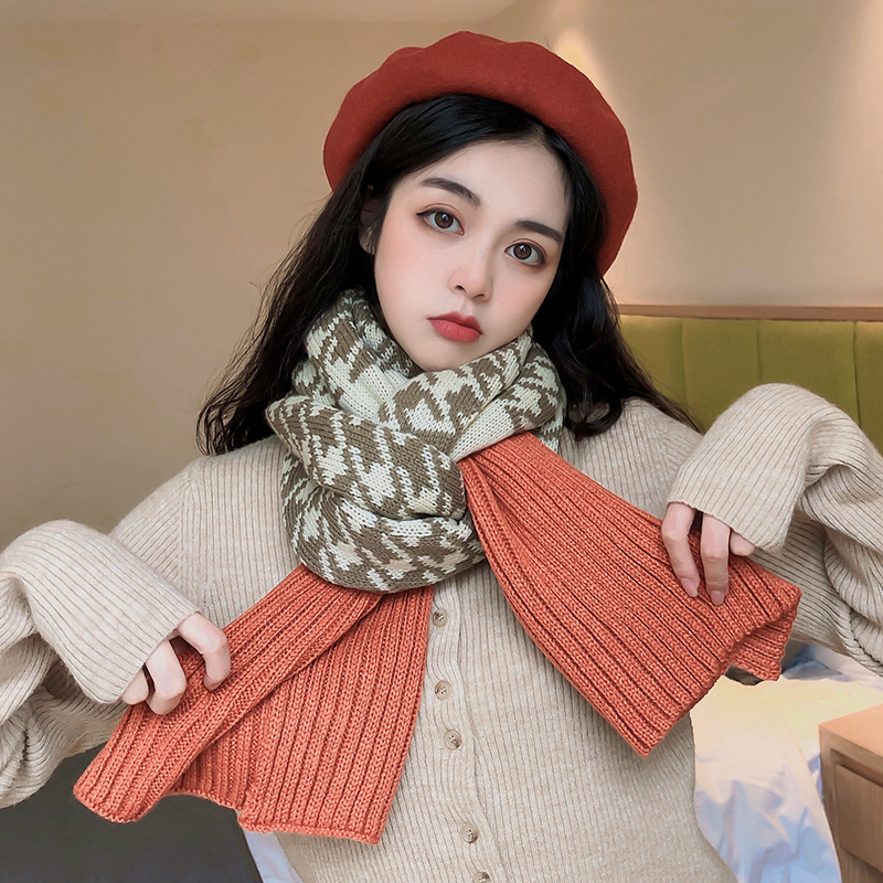 2020流行拼色千鸟格围巾冬季百搭韩版毛线秋冬围巾