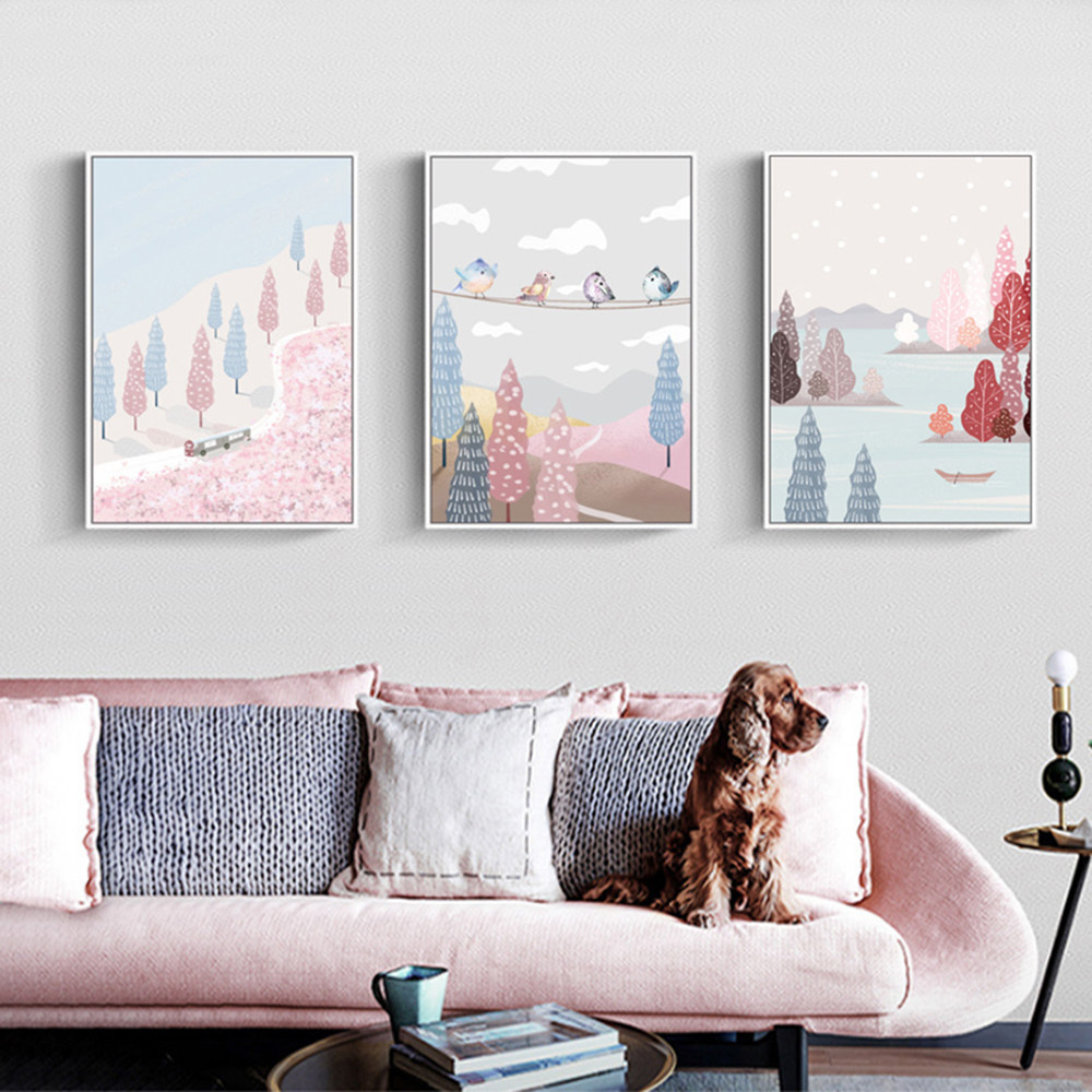 北欧简约风景插画客厅装饰画沙发背景墙三联现代现代装饰画