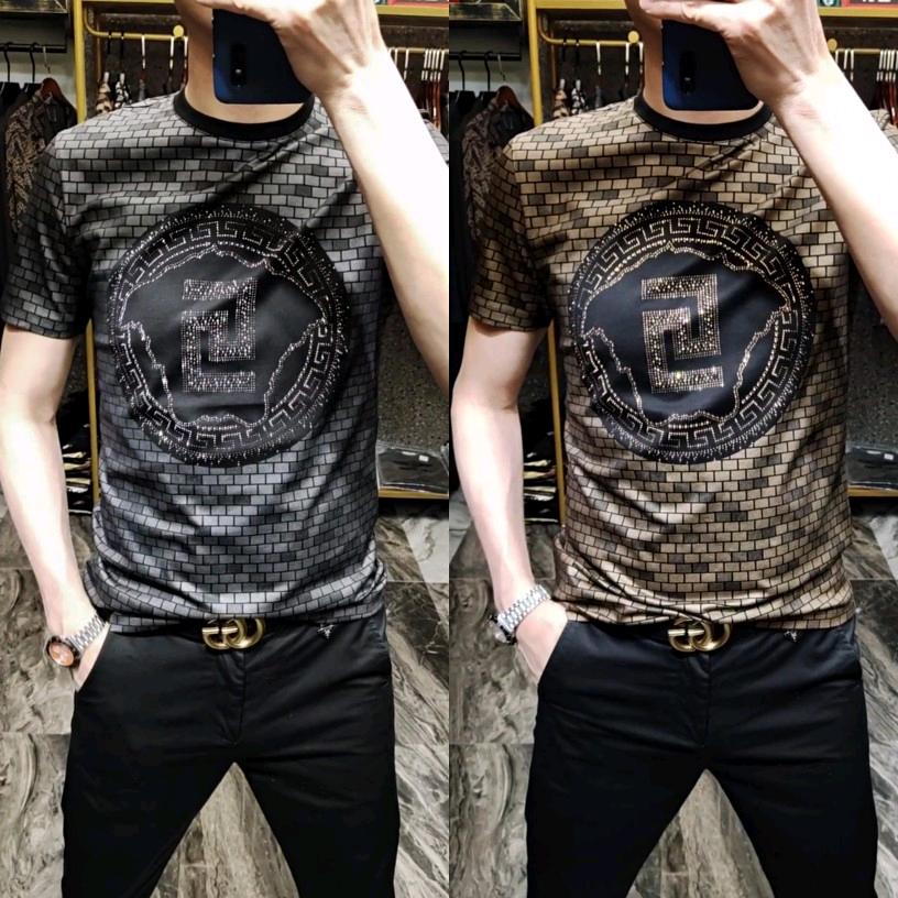 6021夏季新欧货圆领高温烫钻潮流商务休闲板正精神上衣T恤潮汗衫