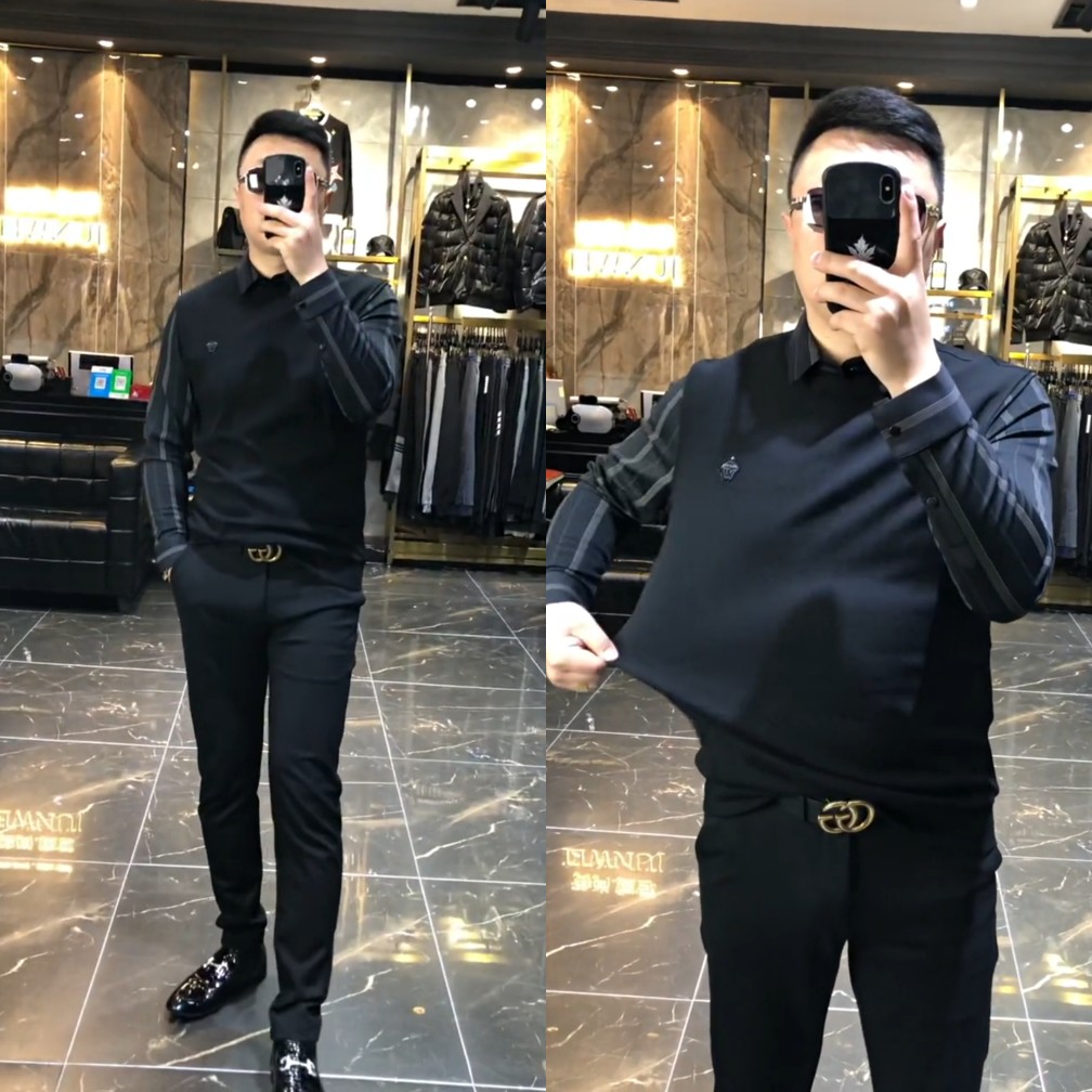 S621秋冬新款欧洲站潮牌衬衫领韩版假两件男士套头休闲商务男长袖