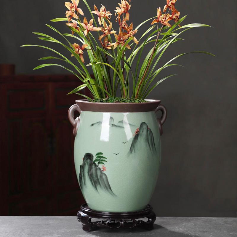 青瓷手绘陶瓷花盆蝴蝶兰专用兰花吊兰兰多绿植花盆