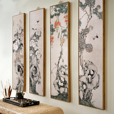 新中式国画背景墙沙发山水挂画竖版玄关花鸟三联现代装饰画