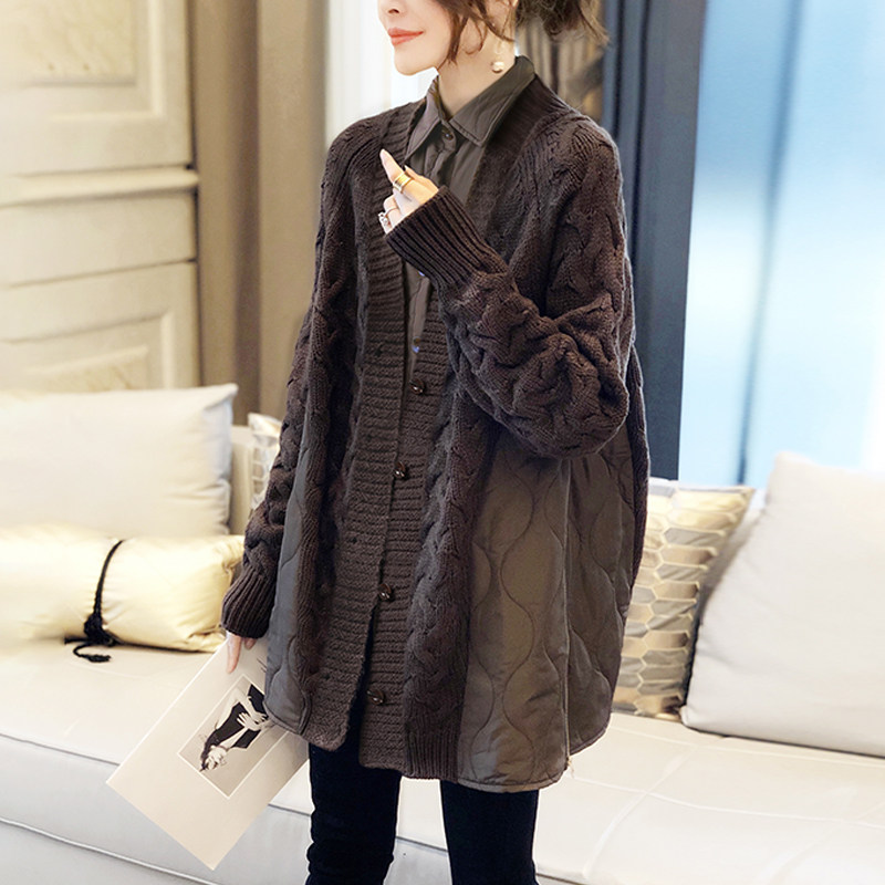 拼接开衫毛衣女外套宽松中长款假两件短外套