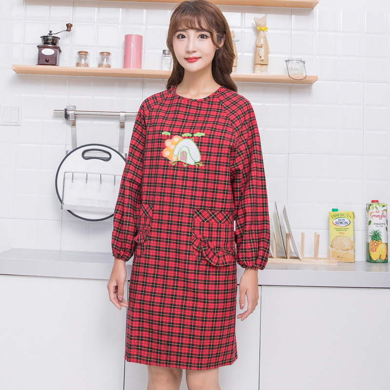 纯棉围裙有袖家务厨房防污长袖罩衣成人花边口袋蘑菇图案女工作服