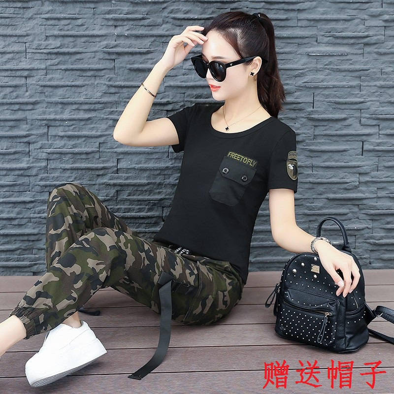夏季新款迷彩服套装女 时尚圆领短袖韩版翻领T恤军迷工装裤两件套