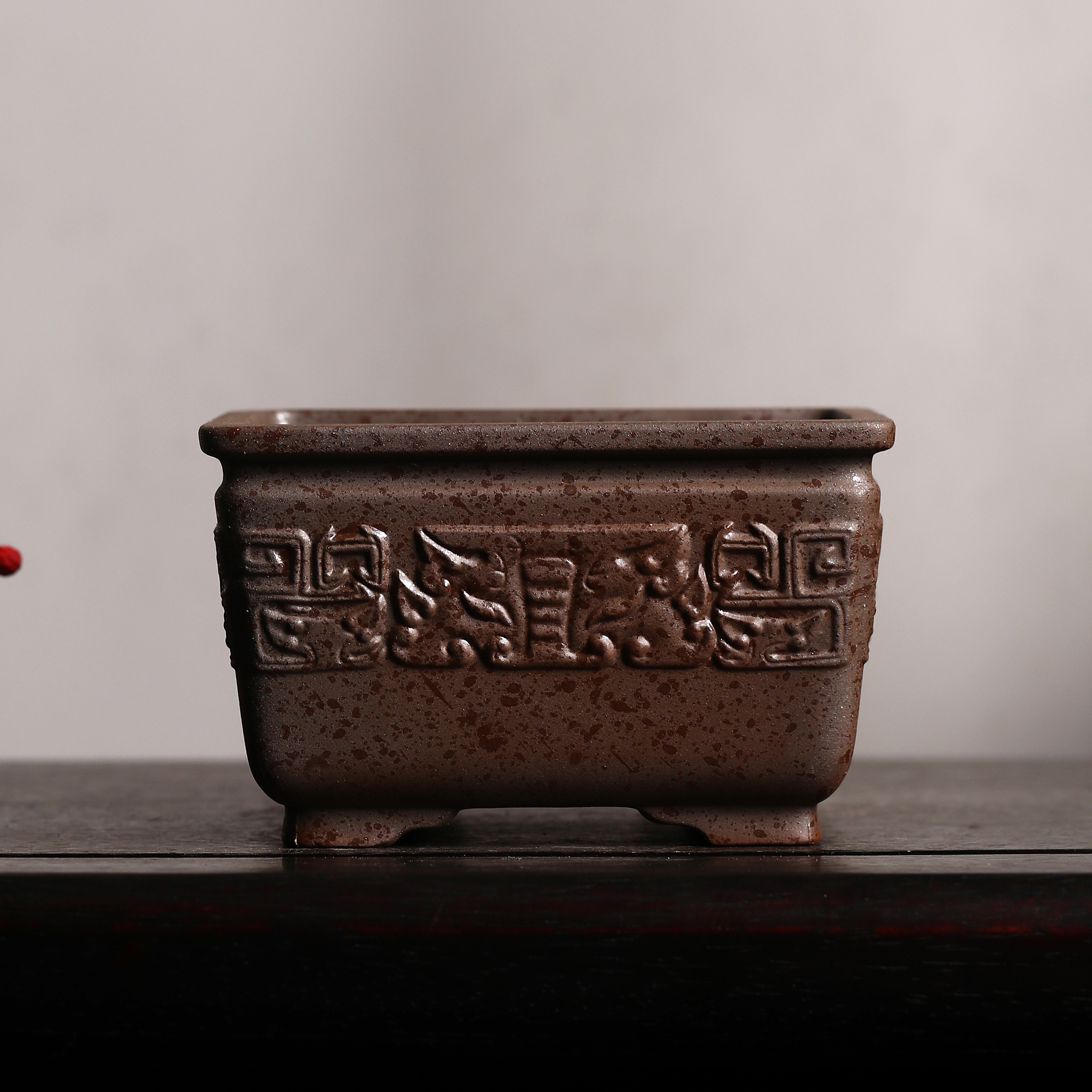 紫砂花盆陶瓷盆景正方形图腾手工仿古传统器形花盆