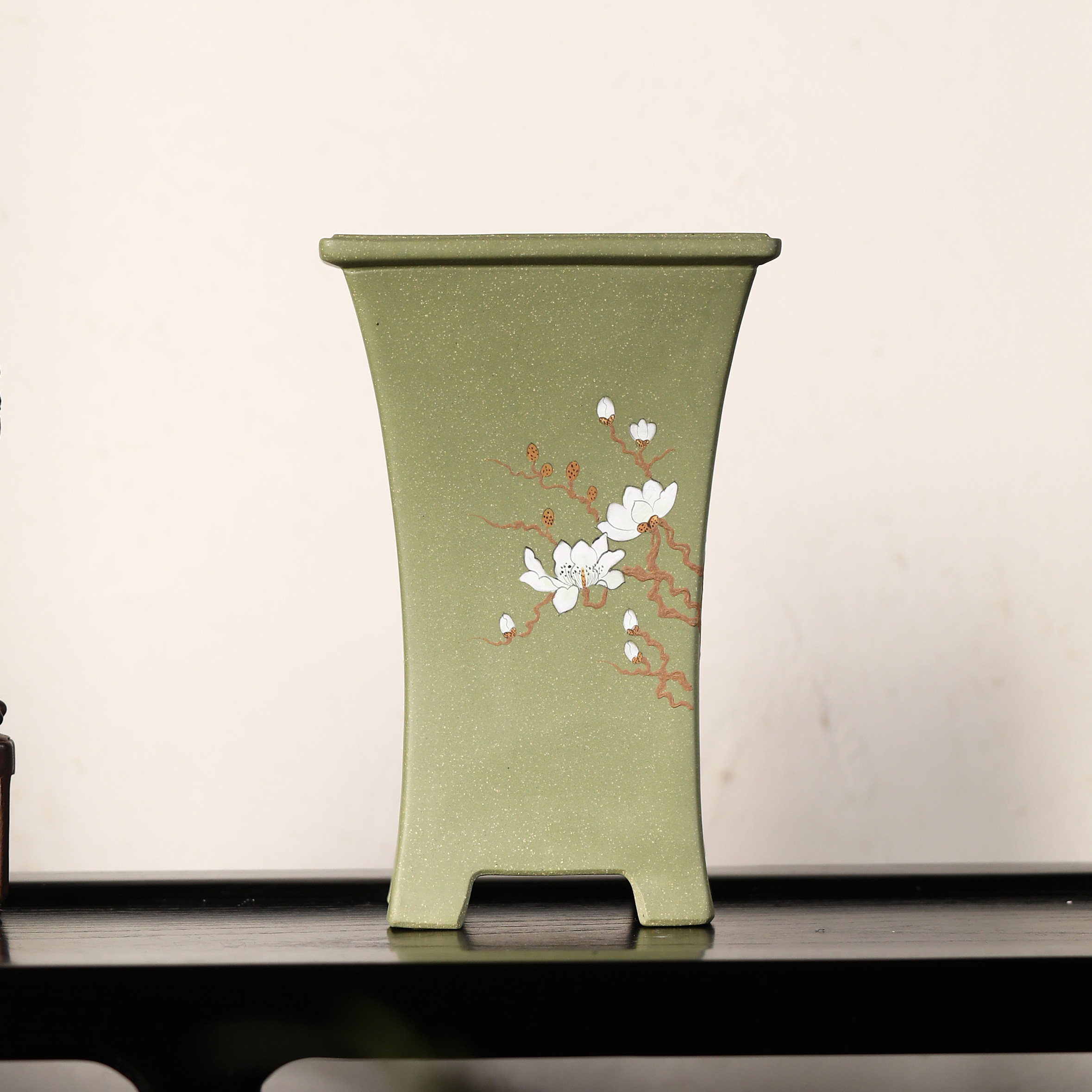 花盆紫砂陶瓷盆景盆苏名家四方美人腰刻手绘花盆