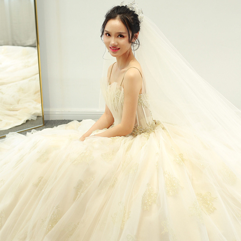 贝壳主婚纱拖尾2021新款夏季新娘结婚齐地抖音同款公主梦幻吊带女