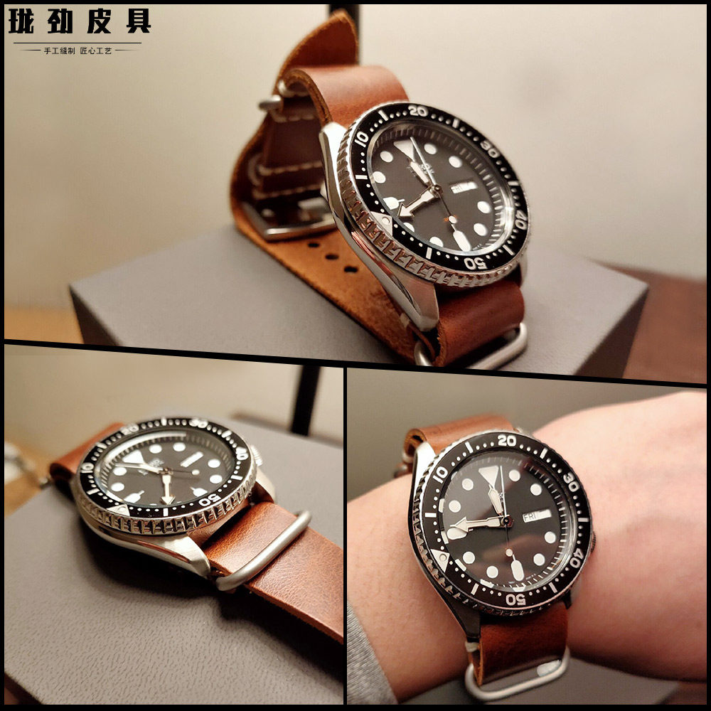珑劲手工油蜡牛皮表带nato北约24mm适配帝陀配件