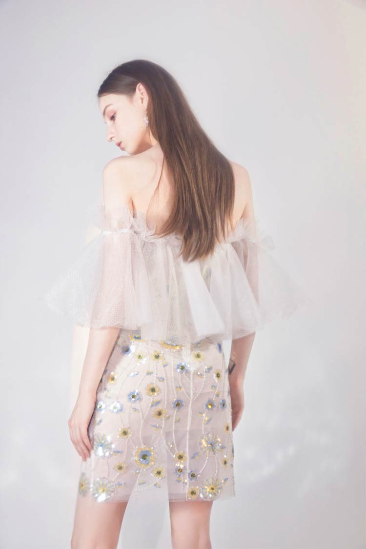 wardrobesbychen2020春夏新品繁花晶烁管珠抹胸薄纱连衣裙