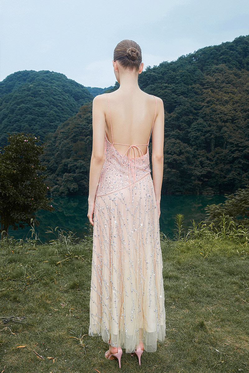 wardrobesbychen闪耀渐变亮片后背镂空连衣裙连衣裙