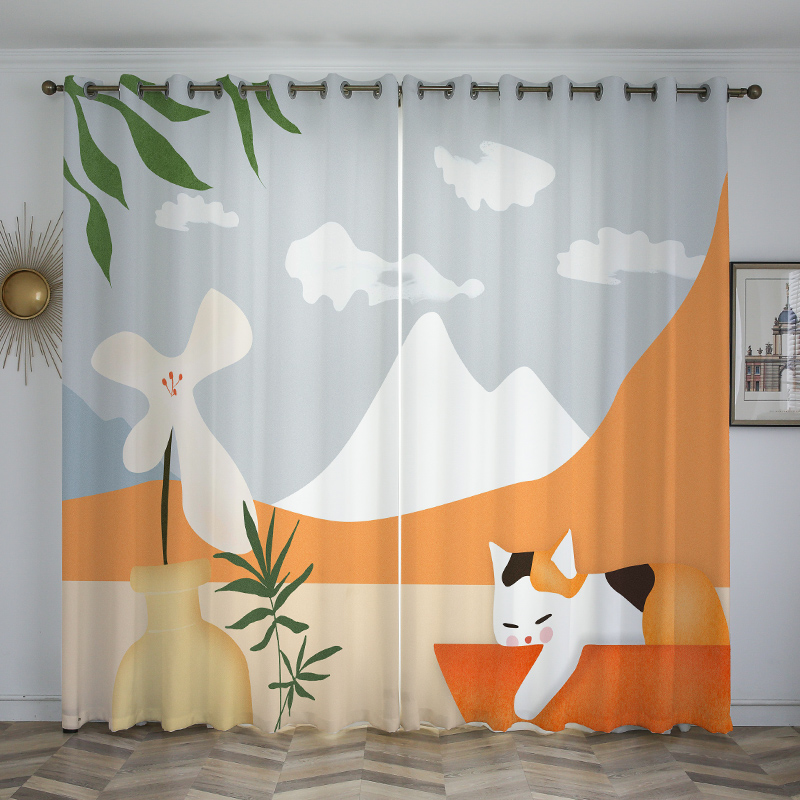 北欧ins可爱可爱猫猫咪卡通窗帘定制日系落地定制窗帘