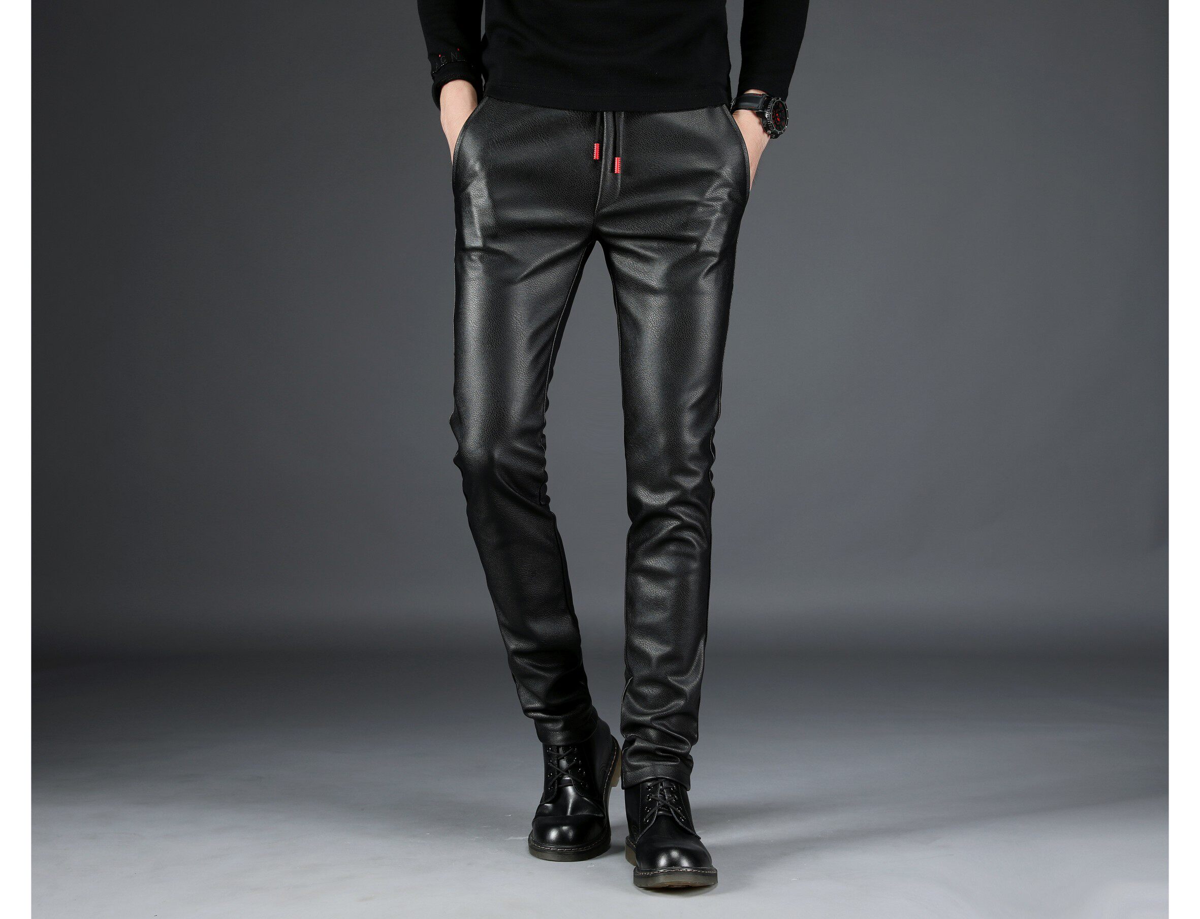 皮裤秋冬季修身弹力小脚加绒加厚摩托车皮裤