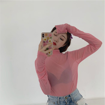 HyunA style top women's mesh bottoming shirt summer some candy color pile collar long-sleeved T-shirt ins trend