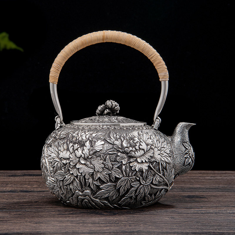 归银大师银壶纯银手工一张打高工艺牡丹烧水壶茶壶