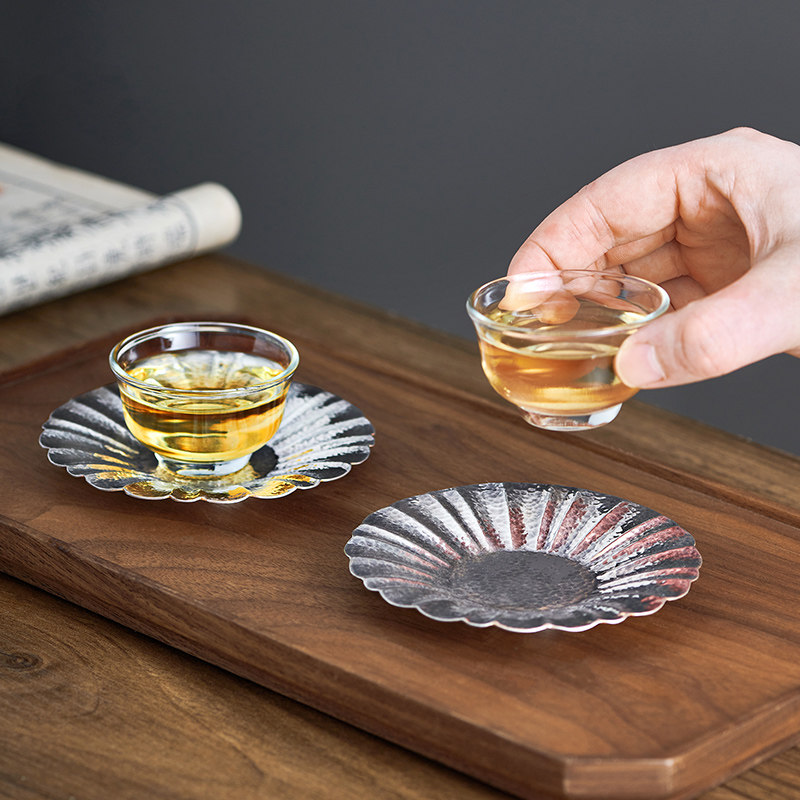 杯垫归银纯银茶垫杯托菊瓣银杯茶碟手工日式茶杯茶托