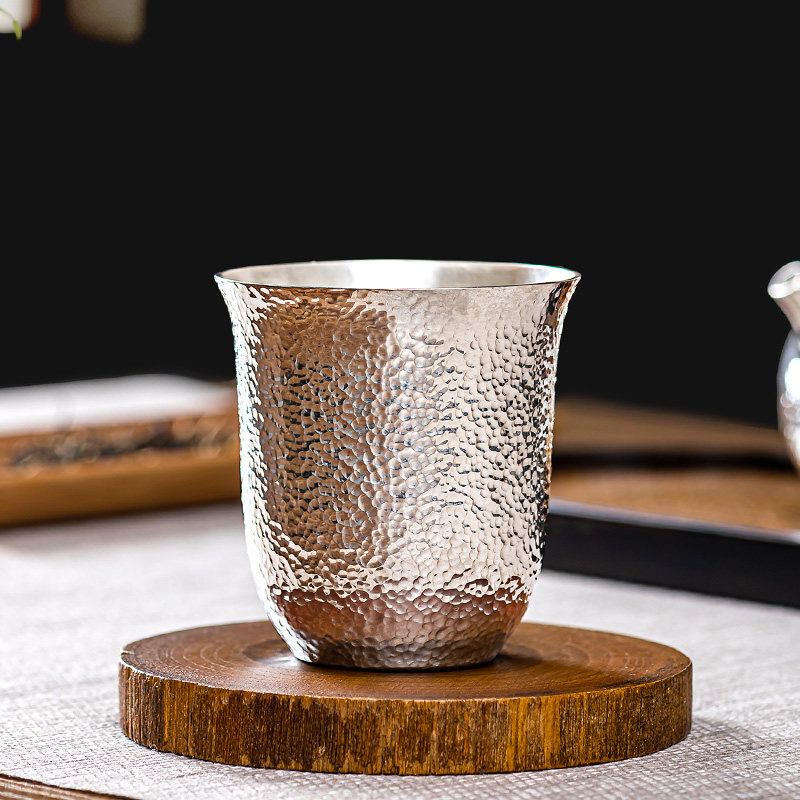 归银堂纯银999手工一张打银白日式锤纹银茶杯酒杯高杯家用银杯子
