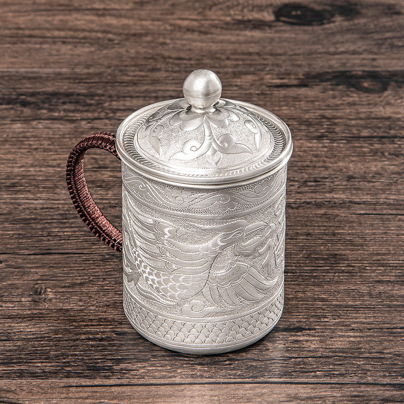 纯银泡茶茶杯水杯手工錾刻龙凤茶缸马克办公室茶杯