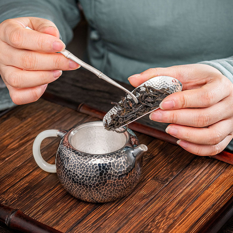 归银茶匙茶道茶具茶叶足银茶勺茶铲纯银锤纹茶匙
