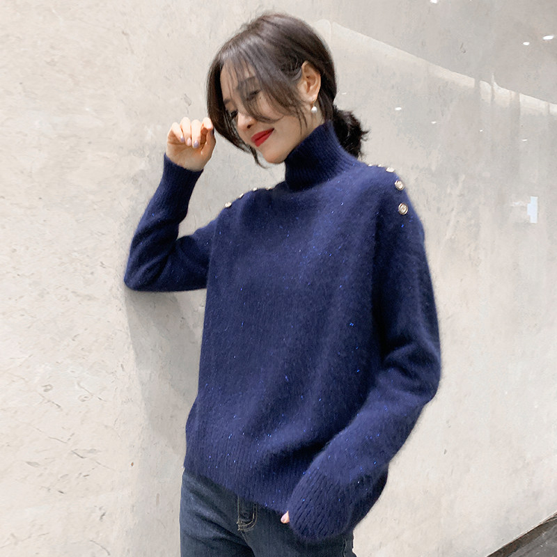 蓝色高领套头针织衫女洋气设计感休闲打底毛衣2021秋冬新款欧洲站