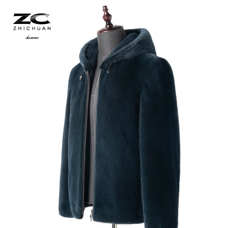 质创皮草时尚进口水貂皮大衣男青年外套潮连帽整貂真貂裘皮蓝色冬