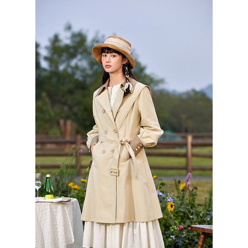 紫涵休闲简约风衣女2022春季新款刺绣拼色大衣宽松外套设计感小众