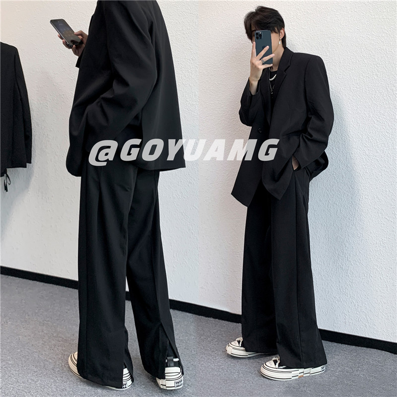 垂坠感休闲西裤男直筒宽松开叉微喇叭醋酸裤子高街ins潮流西服裤