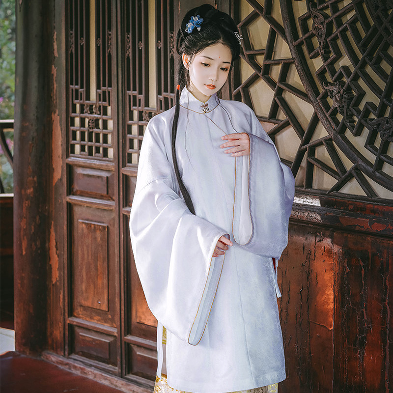 汉宫记瑞羊明制汉服长袄女立领斜襟织金纱提花长衫中国风春夏