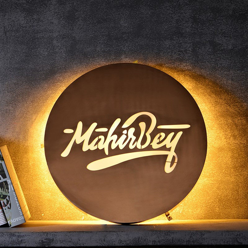 圆形双面灯箱金色店招木纹招牌镂空发光字复灯箱