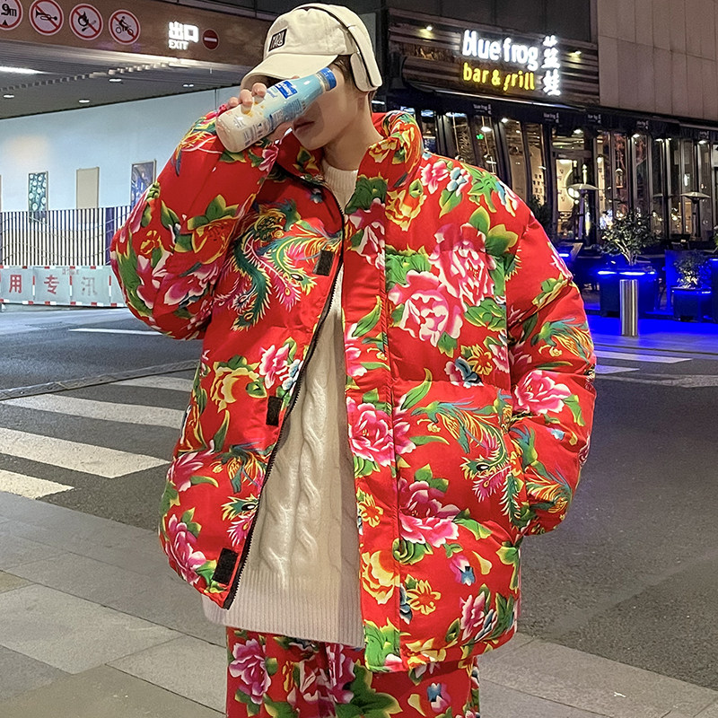 东北大花棉袄男冬季加厚棉衣套装情侣款宽松潮牌时尚炸街棉服外套