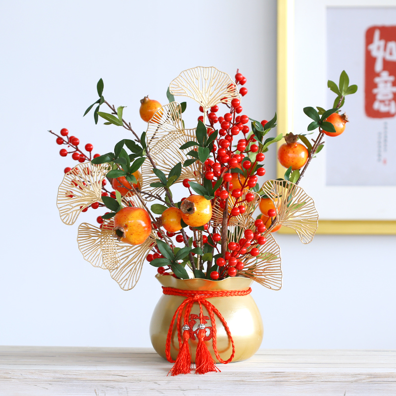 年宵花福桶冬青红果发财果仿真花装饰花过年插花新年乔迁新居摆件