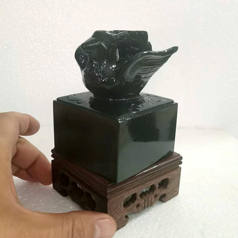 和田青玉墨绿色凤凰凤凰印印章朱雀玉玺九天玄女装饰摆件